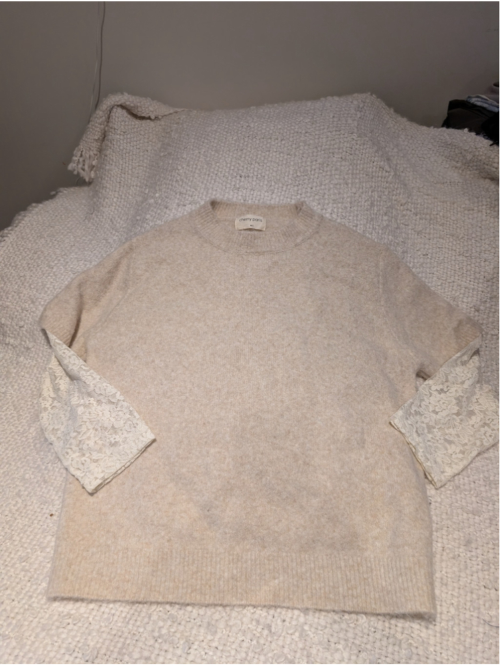 Women's Cherry Paris Beige Sweater with White Lace Sleeves Size M